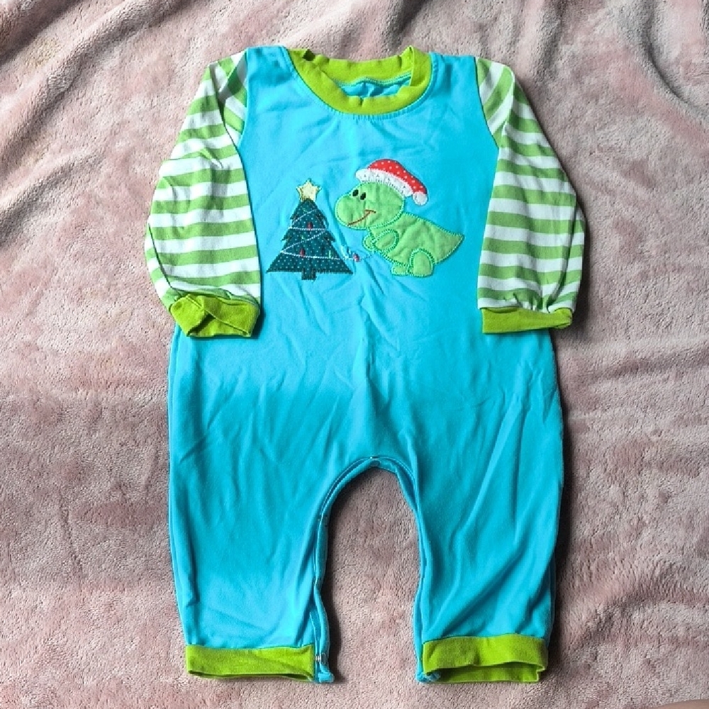 Turquoise Dinosaur Footie with Striped Sleeves
